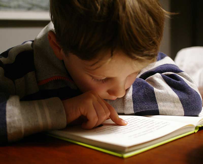 materiales-didacticos-servicios-editoriales_dactilos Fotografía a color de un niño sentado mirando un libro con atención mientras señala una frase del mismo